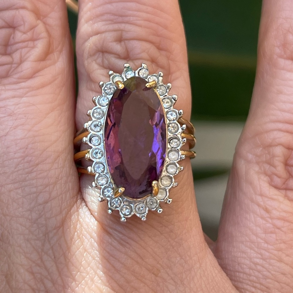 14KT gold electroplated ESPO purple pink stone halo vintage ring